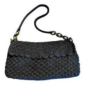 The Sak Black Crochet Scalloped Shoulder Purse with Tortoise Chain Strap
